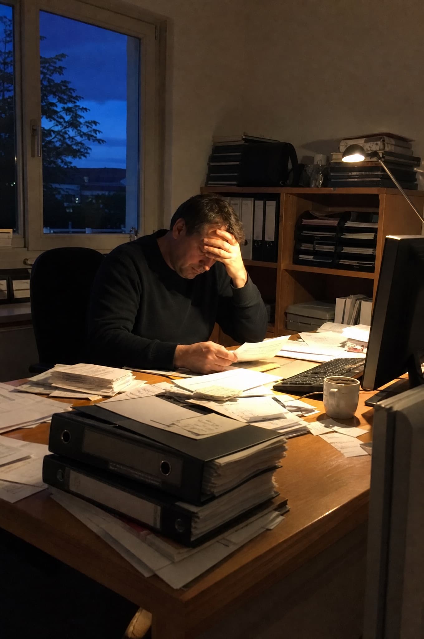 Betriebsinhaber sitzt abends über Zetteln und Ordnern im Büro