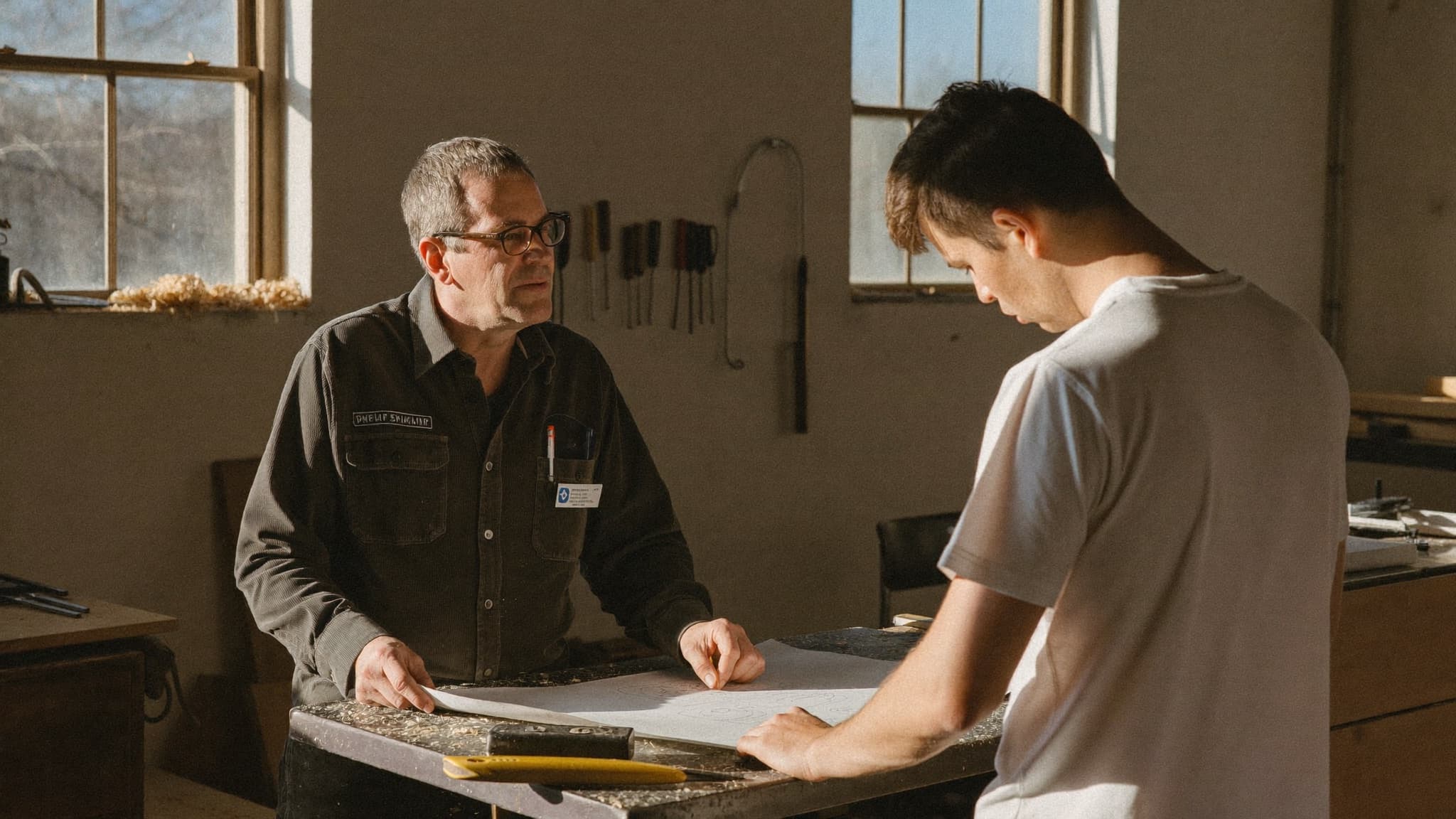 Handwerksmeister und Mitarbeiter besprechen einen Plan in der Werkstatt