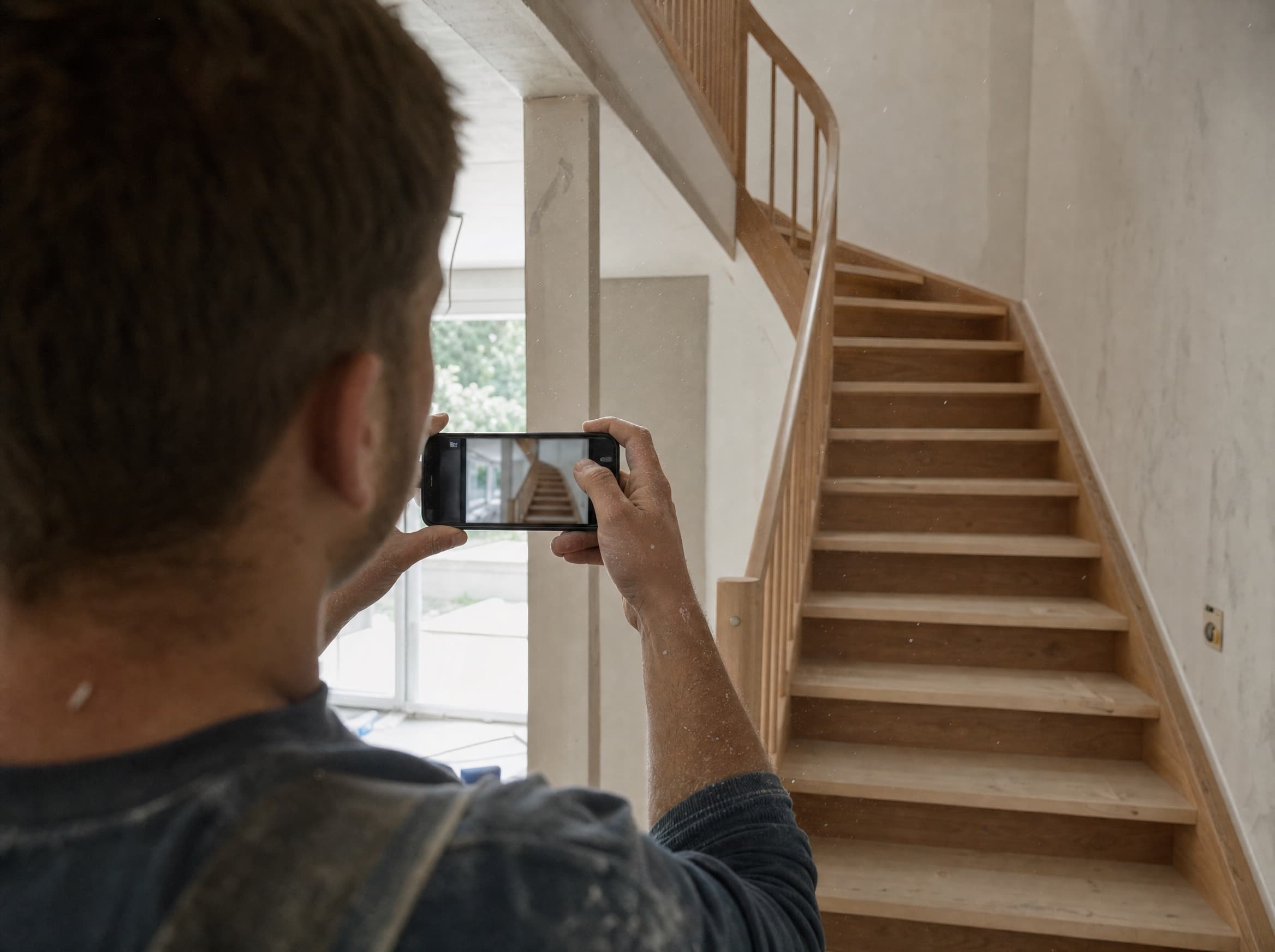 Handwerker fotografiert seine fertige Arbeit mit dem Smartphone