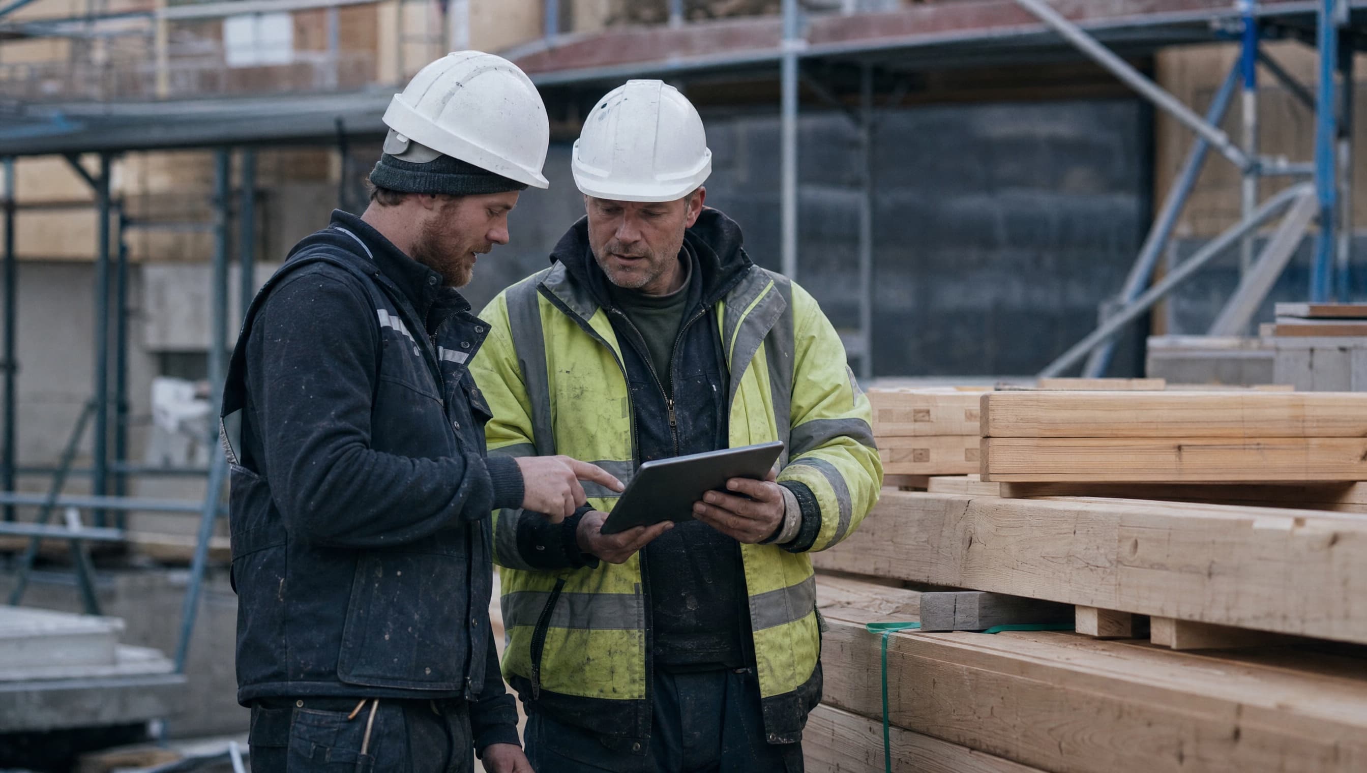 Zwei Handwerker besprechen sich mit einem Tablet auf der Baustelle